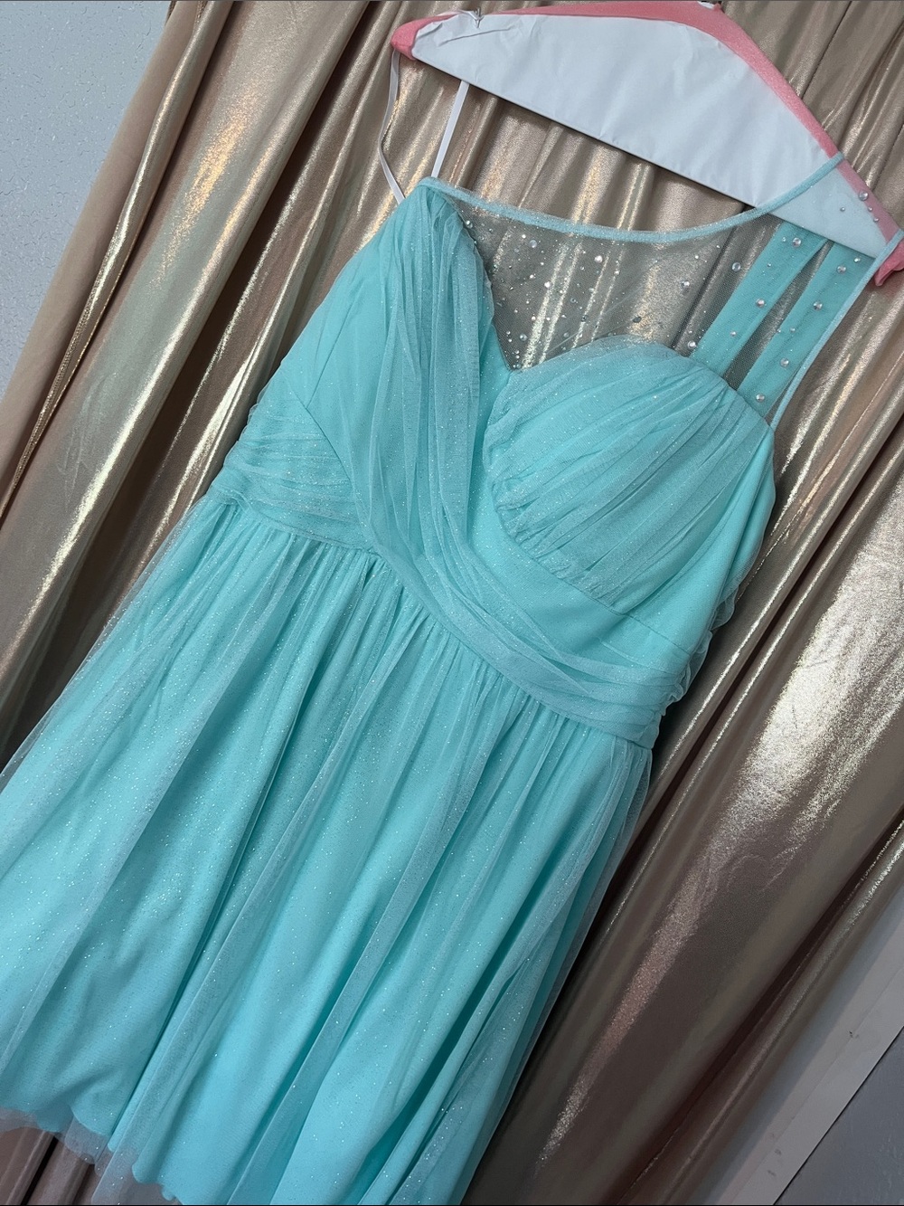B Smart Aqua Sleeveless Tulle Cocktail Dress with Sheer Illusion Neckline